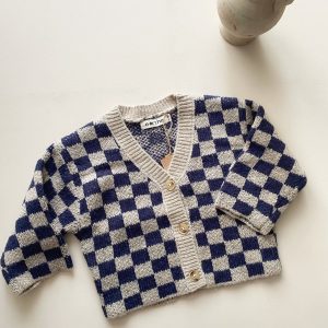 Gilet enfant maille | Damier bleu/beige