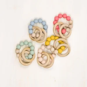 Handmade Wood & Silicone Teether Ring Natural Teething Soother with Tactile Beads