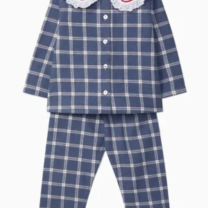 Pyjama fille carreaux et broderies anglaises – Bleu