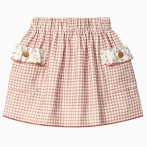Jupe réversible enfant fille à carreaux vichy et fleurs – Rose/crème
