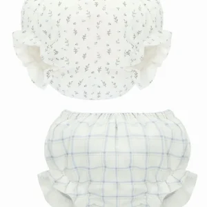 Lot de 2 bloomers bébé fille – Blanc | Petites fleurs bleues & carreaux bleu ciel