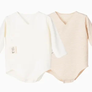 Lot de 2 bodies de naissance croisés – Coton bio extra-doux – Crème/sable rayé