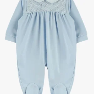 Pyjama bébé à smocks et col rond – Bleu ciel