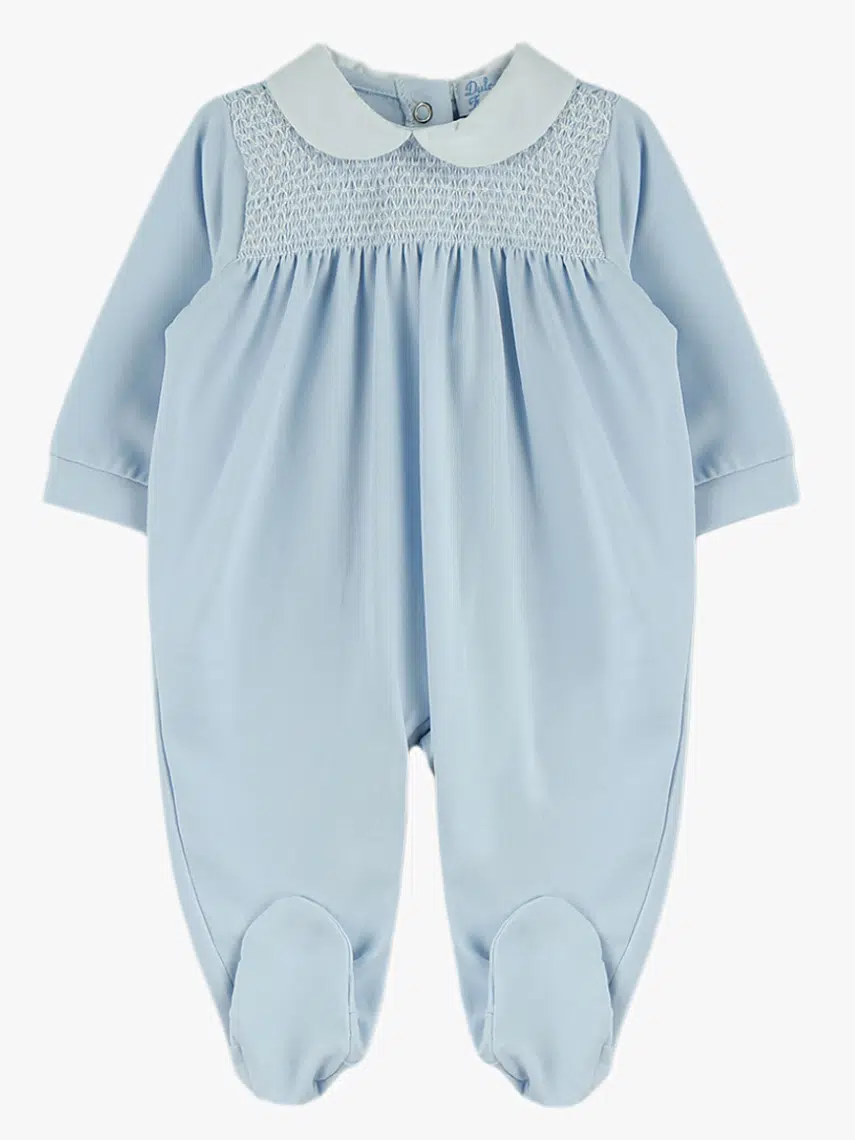 Pyjama bébé à smocks et col rond – Bleu ciel