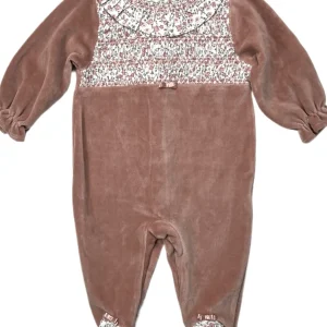 Pyjama bébé fille en velours à smocks et collerette – Pêche