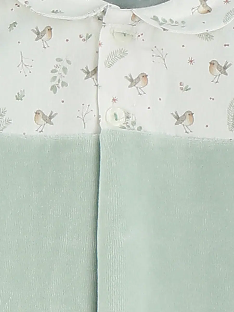 Pyjama bébé en velours motifs oiseaux – Vert pâle – Image 3