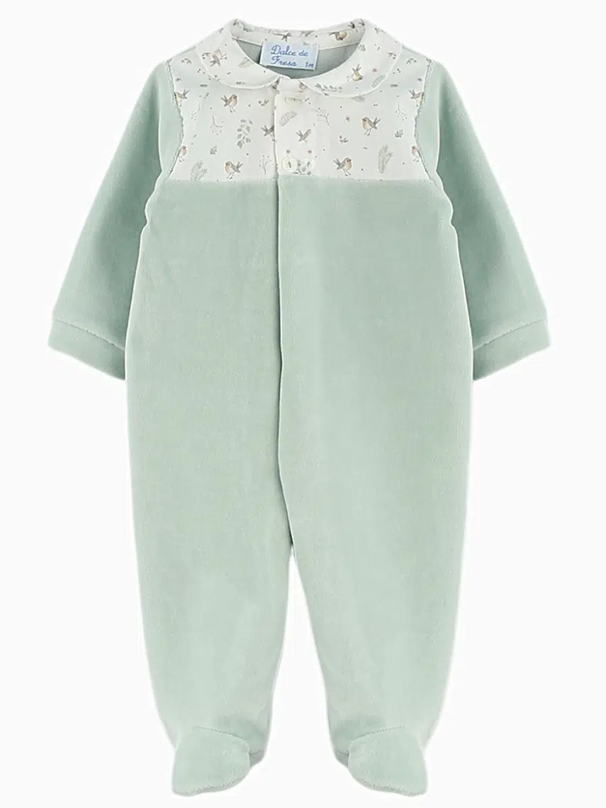 Pyjama bébé en velours motifs oiseaux – Vert pâle