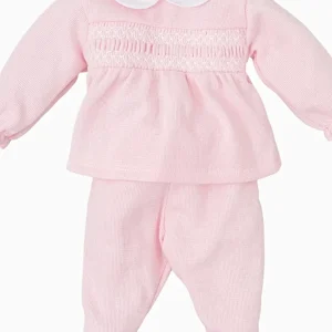 Pyjama bébé fille à smocks et col rond – Rose