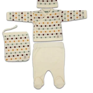 Tenue de Naissance en Coton Bio avec Bonnet à Pois Beige