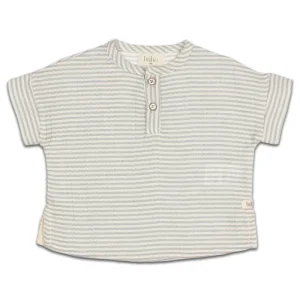 T-shirt en Coton Bio à Rayures Gris Clair